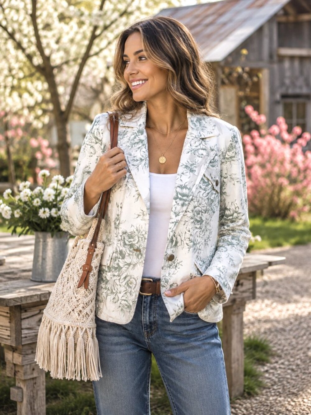 Floral Denim-Type Jacket 4 Button Tab Pleated Pockets Cream and Gray Blazer 14